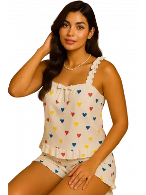 Kalp Desenli Şortlu Pijama Takımı Kadın Giyim