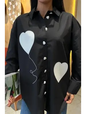 Omarı Kalp Nakışlı Oversize Gömlek