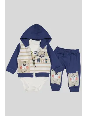 Kamp Desenli Kapüşonlu % 100 Pamuk Erkek Bebek Takımı