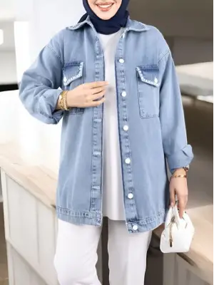 Omarı Şık ve Trend Puntolu Kot Ceket - Buz Mavi