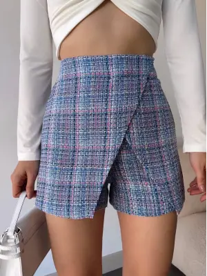 Kapaklı tüvit şort etek mavi