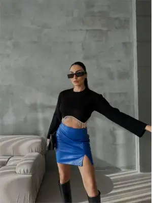 KAPİTONE DERİ ETEK YIRTMAÇLI - Saks