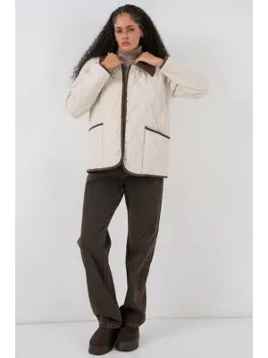 Ekru Kahve Kapitone Oversize Mont Kadın Giyim