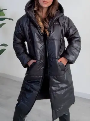 Kapşonlu Bağcık Detaylı Fermuarlı Şişme Mont -Siyah