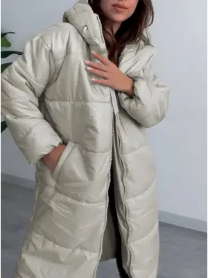 Omarı Şık Kapşonlu Şişme Mont - Taş Rengi