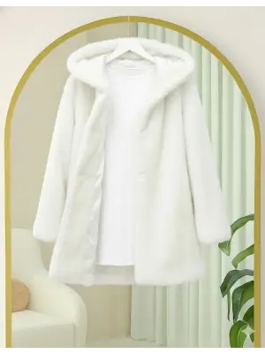 Kapşonlu Önü Düğmeli Astarlı Peluş Kaban  -Beyaz