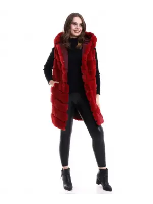 Kapşonlu Peluş Kürk Yelek Premium Kalite, Tam Astarlı, Uzun Model - Kırmızı
