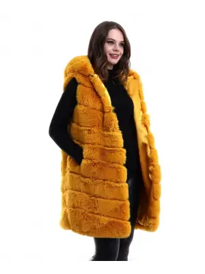 Kapşonlu Peluş Kürk Yelek Premium Kalite, Tam Astarlı, Uzun Model - Sarı