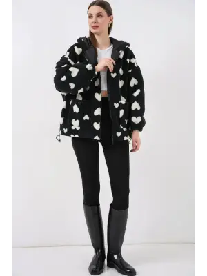 Kapüşonlu Peluş Ceket 5236 - Siyah