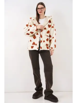 Şık Kapüşonlu Peluş Ceket - Taba