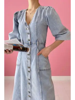 Kar Yıkama Balon Kol Kot Elbise