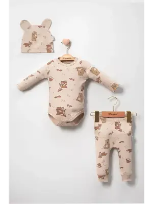 Karaca Desenli % 100 Pamuk 3lü Şapkalı Erkek Bebek Takım