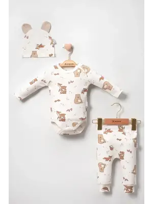 Karaca Desenli % 100 Pamuk 3lü Şapkalı Erkek Bebek Takım