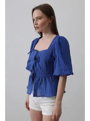 Kare Yaka Balon Kol Bluz - Mavi