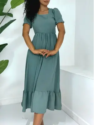 Kare Yaka Beli Lastikli Kısa Kol Ayrobin Elbise -Mint