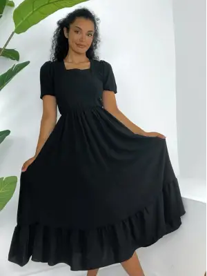Kare Yaka Beli Lastikli Kısa Kol Ayrobin Elbise -Siyah