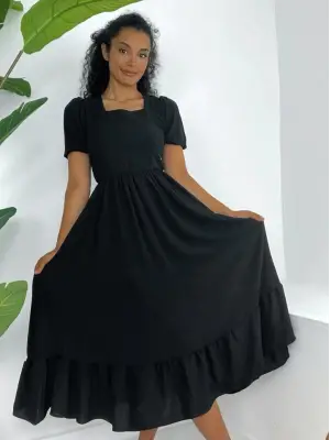 Omarı Siyah Kare Yaka Kısa Kol Elbise