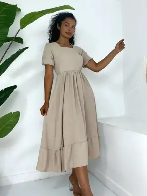 Omarı Vizon Rengi Kare Yaka Elbise