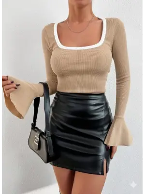 Kare yaka garni detay ispanyol kol bluz bej a3105