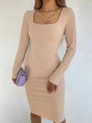 Kare Yaka Kolyeli Midi Boy Elbise -Vizon