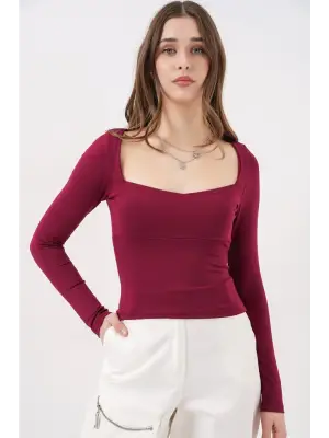 Kare Yaka Slim Fit Bluz 986 - Bordo