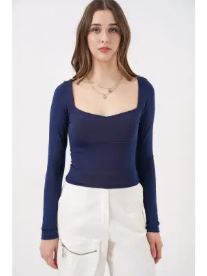 Kare Yaka Slim Fit Bluz 986 - Lacivert