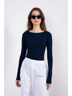 Kayık yaka uzun kollu bluz lacivert pt