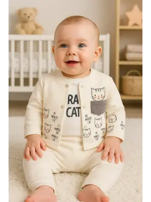 Kedi Desenli 3lü Hırkalı Kız Bebek Takım
