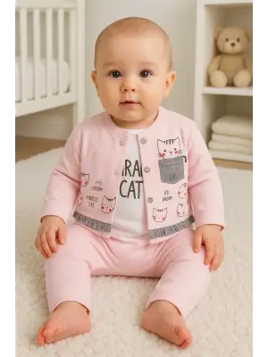 Kedi Desenli 3lü Hırkalı Kız Bebek Takım