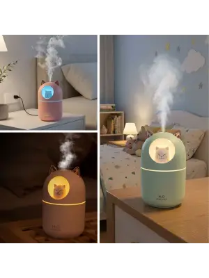 Kedicik Figürlü Hava Nemlendirici – Ultrasonik Soğuk Buhar Makinesi, LED Işıklı Masaüstü Oda Nemlendirici