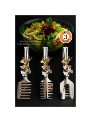Kelebek Figürlü 3’lü Paslanmaz Çelik Servis Maşası Seti - Salata, Pasta ve Izgara Maşası