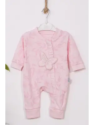 Kelebek Nakışlı % 100 Pamuk Ayaklı Kız Bebek Tulumu