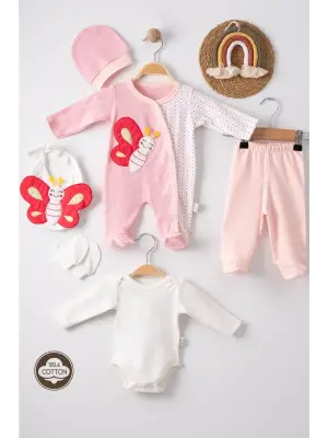 Kelebek Nakışlı Puanlı Tulumlu % 100 Pamuk Kız Bebek 5li Set