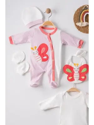 Kelebek Nakışlı Puanlı Tulumlu % 100 Pamuk Kız Bebek 5li Set