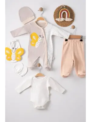 Kelebek Nakışlı Tulumlu % 100 Pamuk Erkek Bebek 5li Set