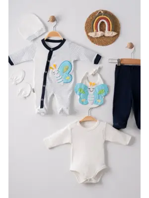 Kelebek Nakışlı Tulumlu % 100 Pamuk Erkek Bebek 5li Set