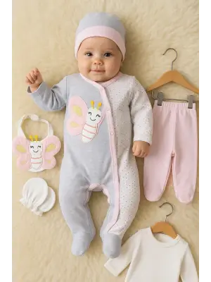 Kelebek Nakışlı Tulumlu % 100 Pamuk Kız Bebek 5li Set