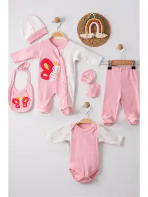 Kelebek Nakışlı Tulumlu % 100 Pamuk Kız Bebek 5li Set
