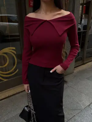 Kelebek yaka uzun kol bluz bordo