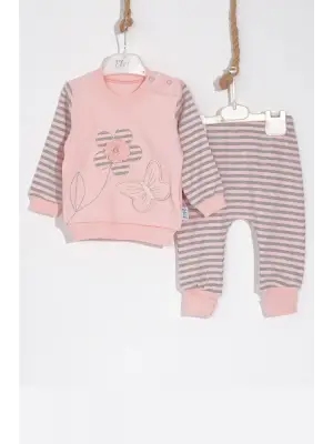 Kelebekli Çiçek Nakışlı Pamuklu 2li Kız Bebek Takımı