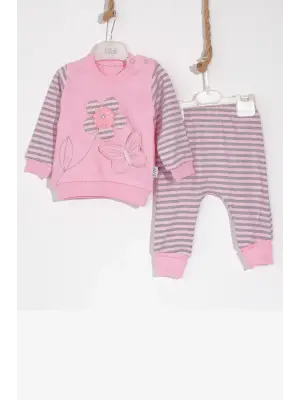 Kelebekli Çiçek Nakışlı Pamuklu 2li Kız Bebek Takımı