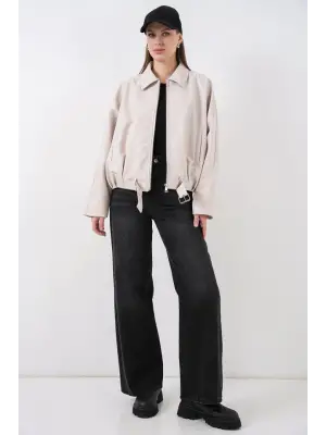 Trend Deri Ceket Ekru