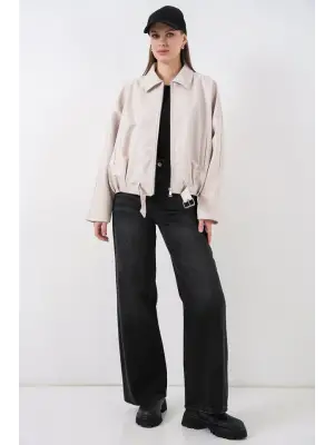 Kemer Detaylı Deri Ceket 1056 - Ekru