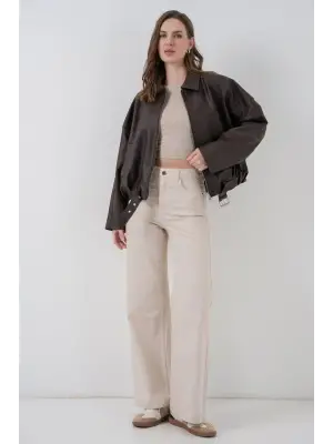 Kemer Detaylı Deri Ceket 1056 - Kahverengi