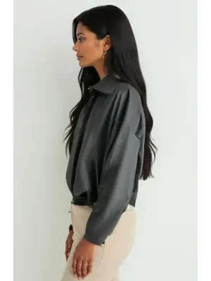 Kemer Detaylı Deri Ceket 1056 - Siyah