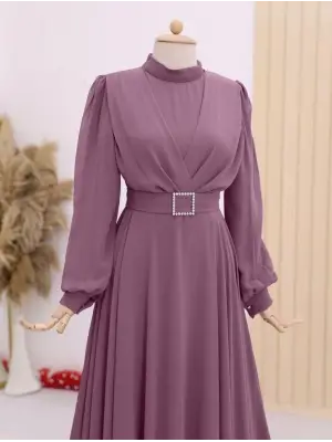 Omarı Taşlı Pileli Tesettür Elbise