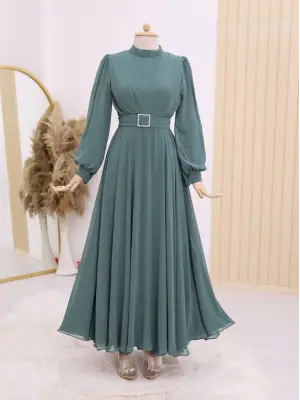 Omarı Şık Pileli Tesettür Elbise - Mint Renkli