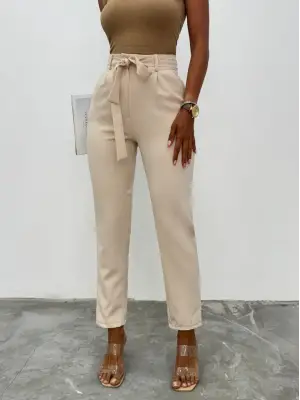 Kemerli Bilek Pantolon     -Bej