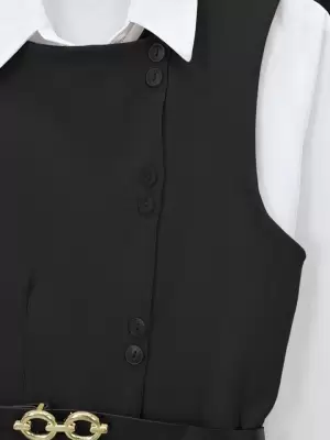 Kemerli Düğmeli Uzun Yelek-Pantolon Takım -Siyah