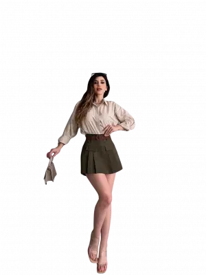 Haki Kemerli Kapak Detaylı Etek Kadın Giyim